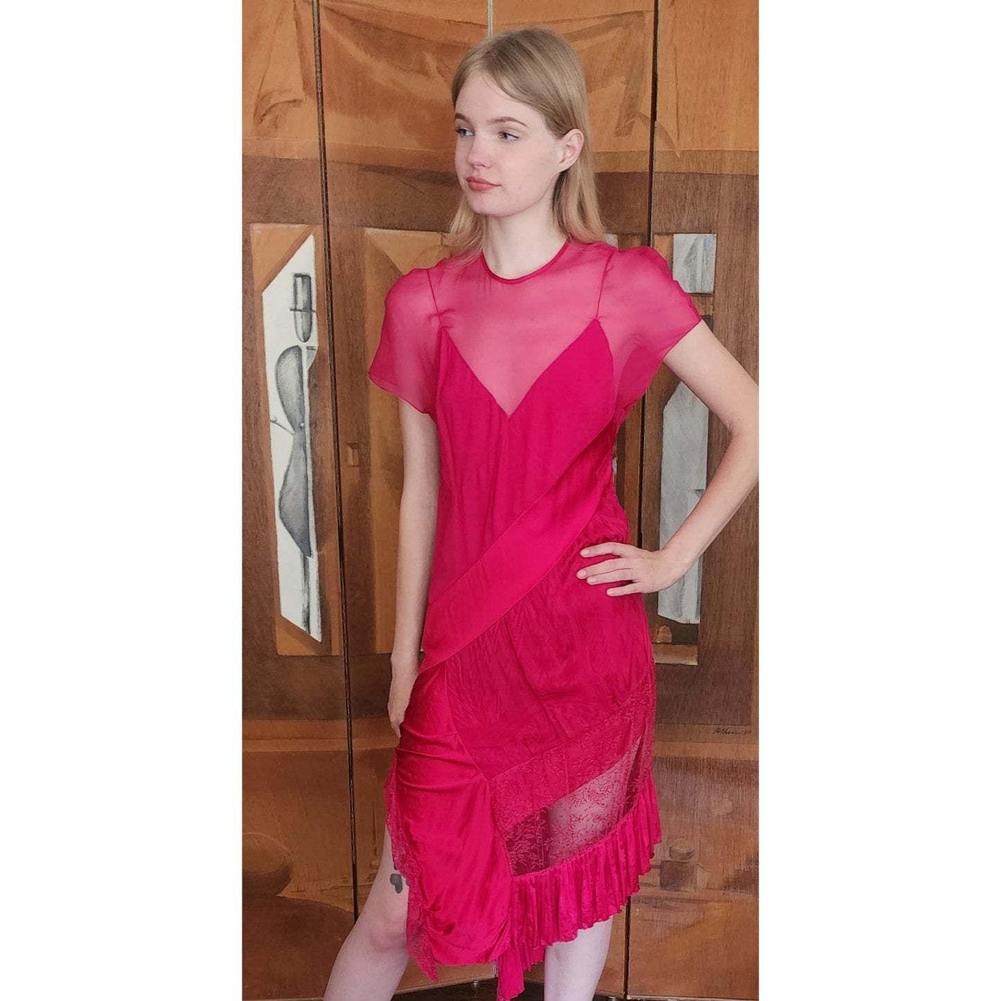 2018 Givenchy Runway Sample Dress Asymmetric Handkerchief Fuchsia Mesh Lace