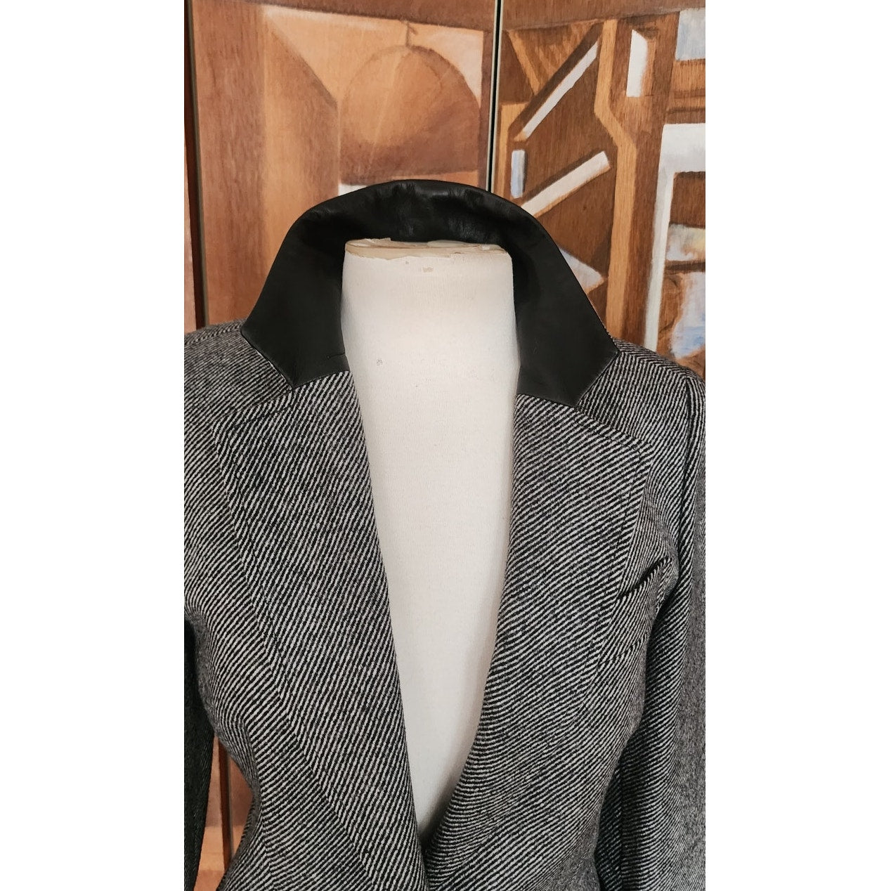 Vintage 80s GUY LAROCHE Gray Tweed Blazer Black Leather Collar / M