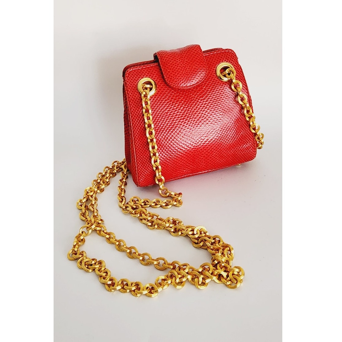 Vintage 90s Judith Leiber Bag Red Lizard Leather Gold Minaudiere