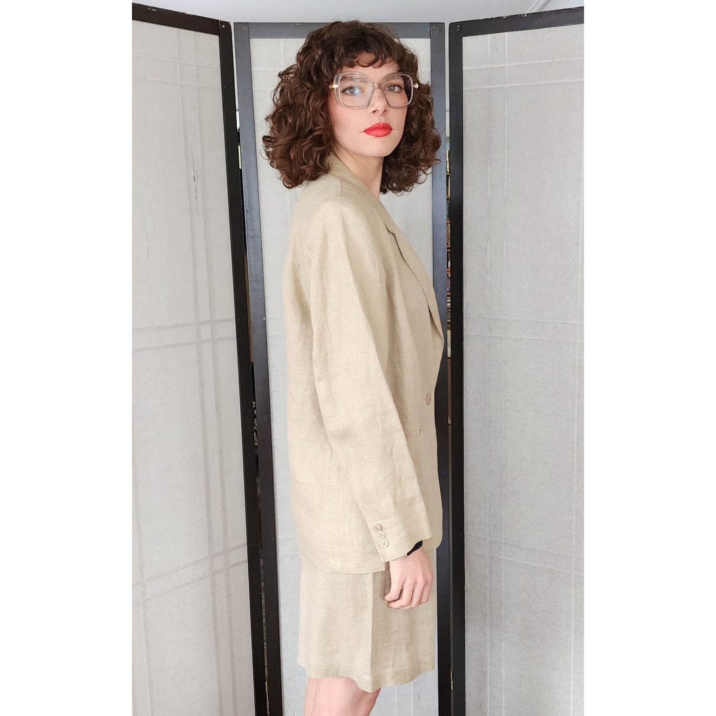 Vintage 80s Calvin Klein Shorts + Blazer Suit Set Beige Linen