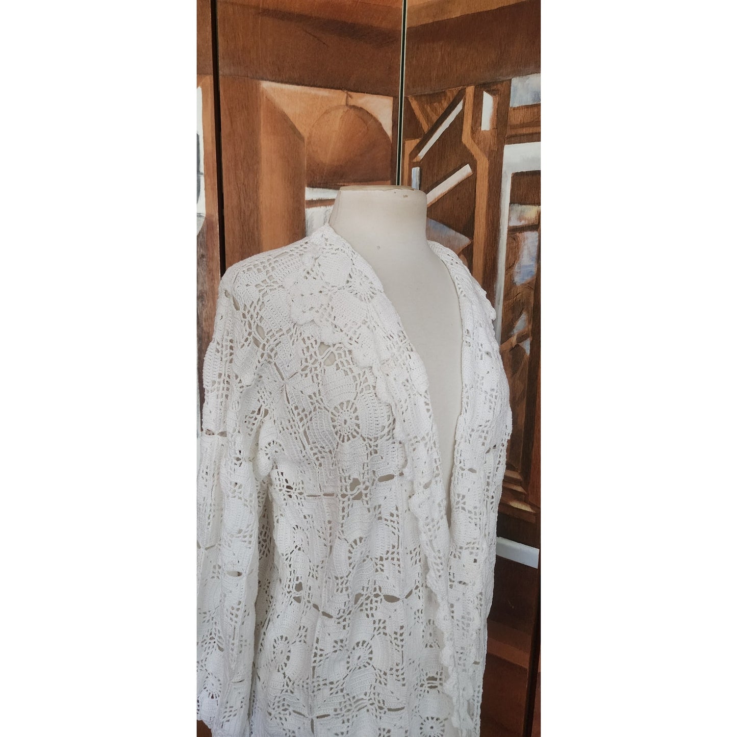 Vintage Crochet Blazer White Openwork Knit Cardigan Jacket w/Collar