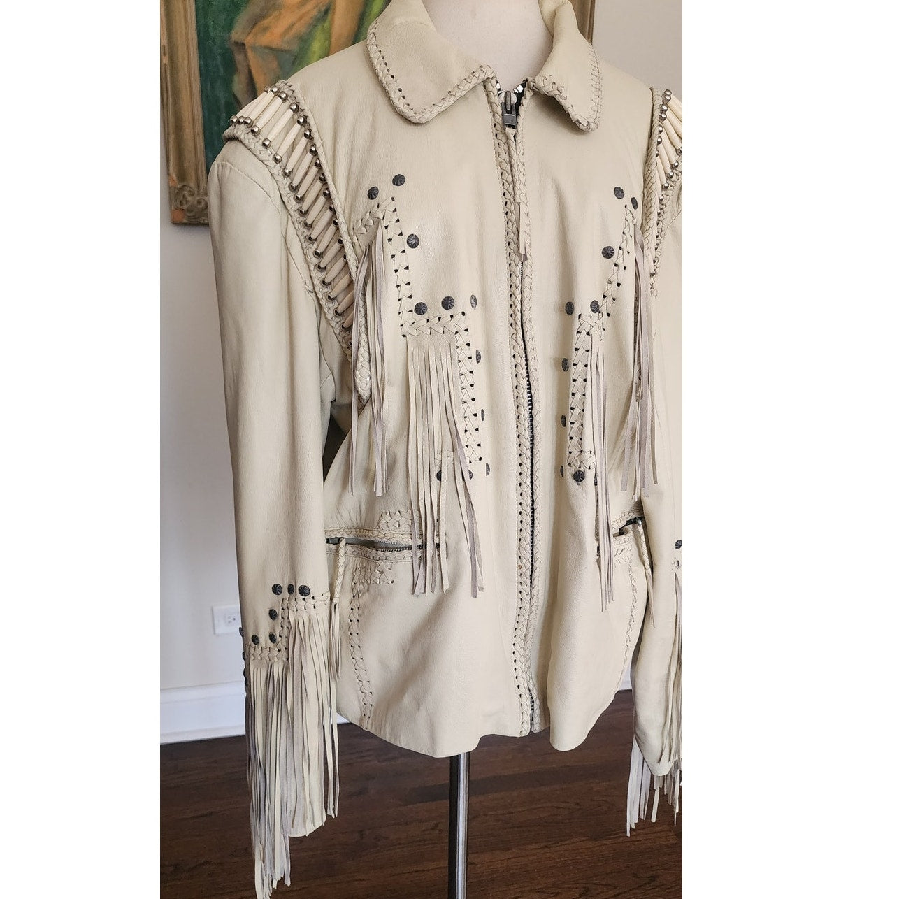Vintage 1980s White Leather Jacket SUNRIDERS Fringe, Studs & Bone Beads XXL