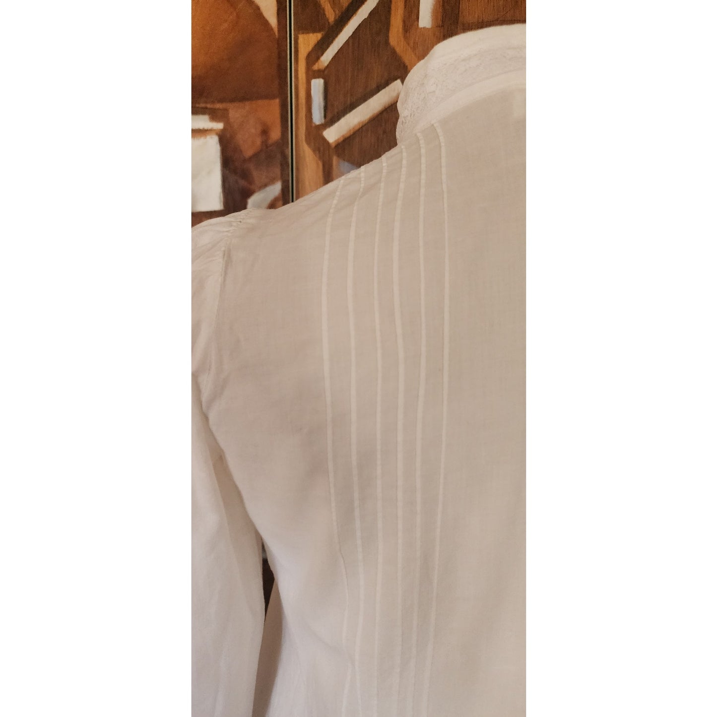 Vintage 70s Laura Ashley Blouse White Cotton Lace Crochet High Collar Puffed Shoulders Neo Edwardian