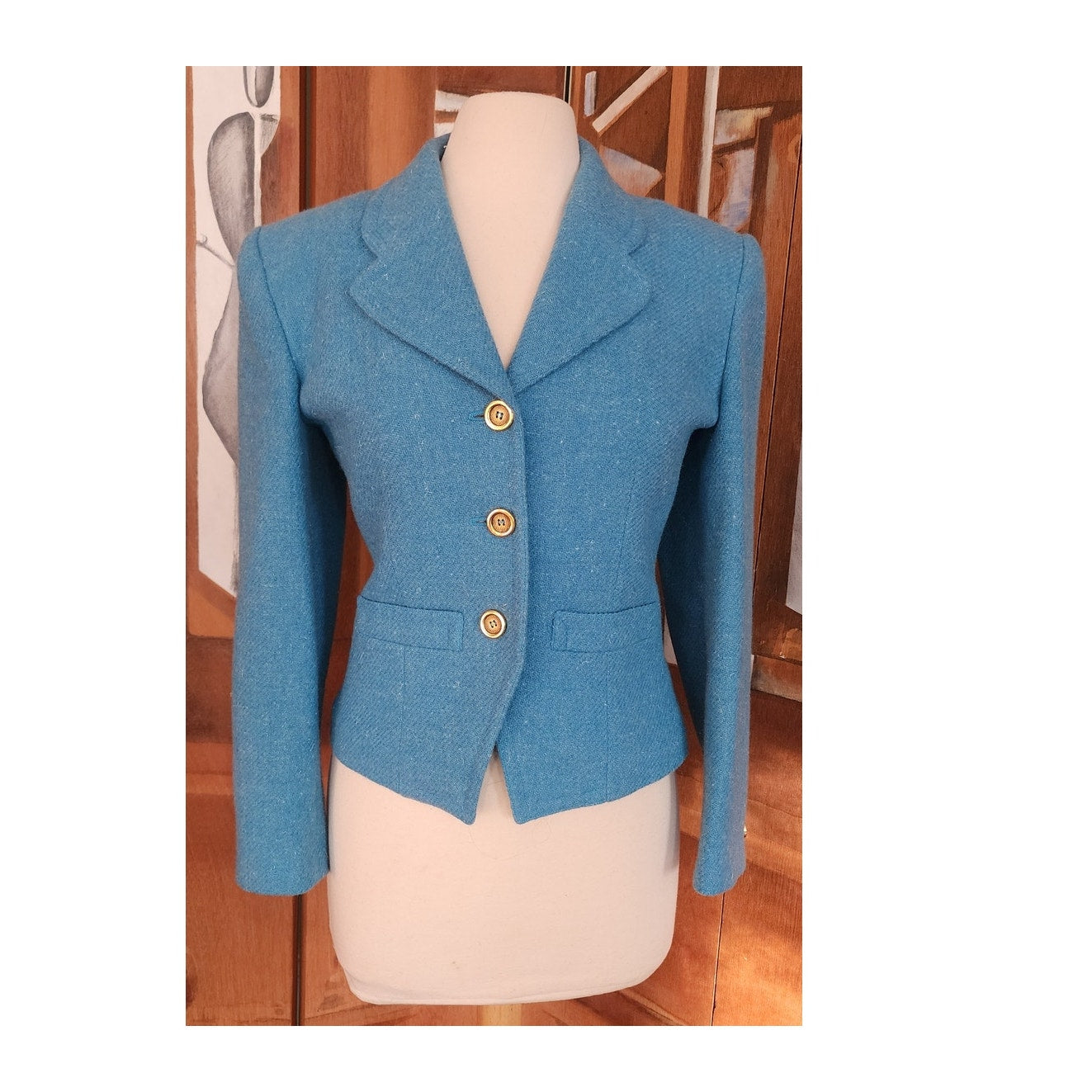 Vintage 70s Guy Laroche Blue Wool Tweed Blazer Jacket