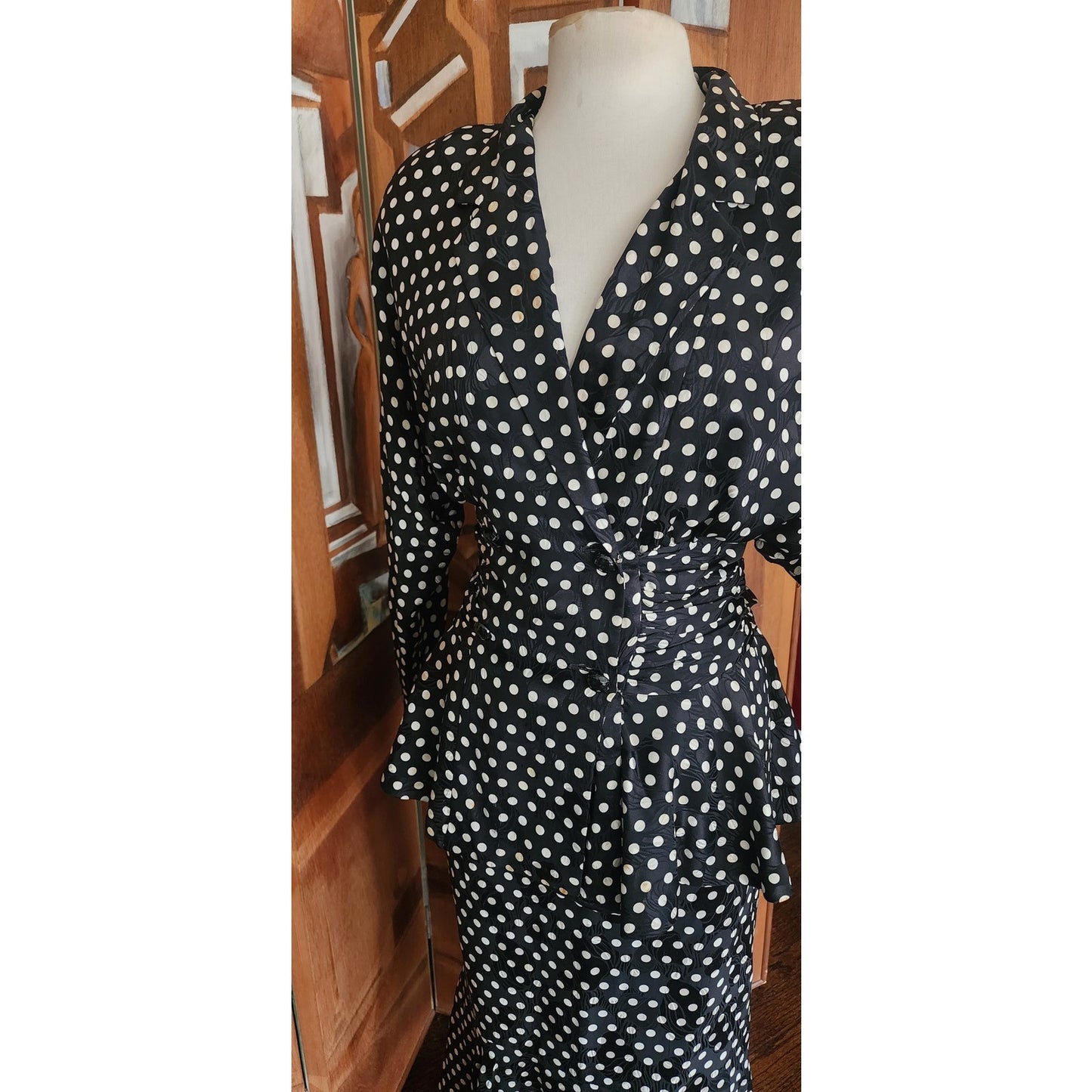 Vintage 80s Saint Romei Neiman Marcus Silk Polka Dot Peplum Jacket Fishtail Skirt Suit Set