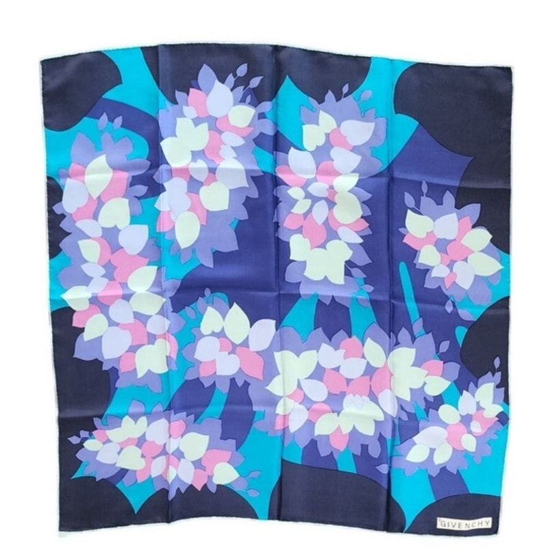 Vintage Givenchy 80s Silk Square Scarf Blue Purple Pink Floral Designer Scarf