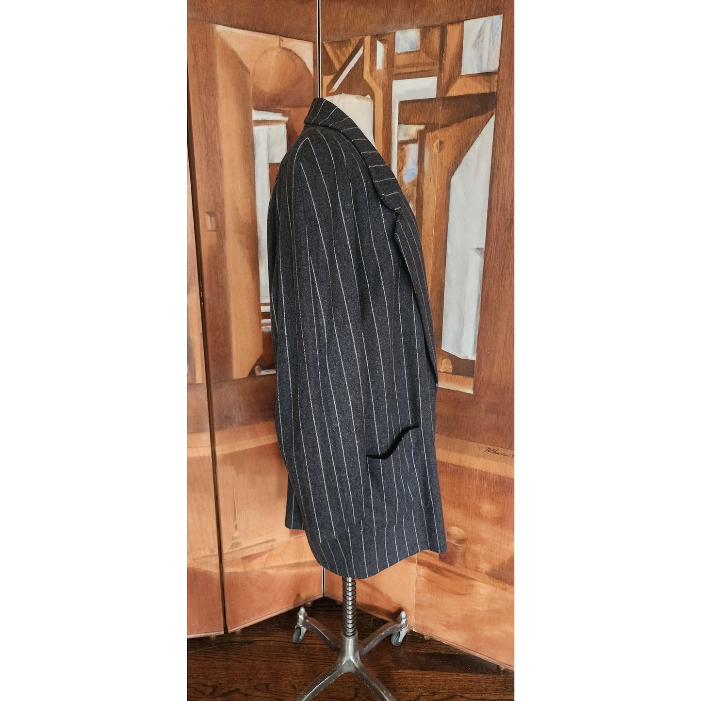 Vintage 80s Oversized Blazer Gray Pinstriped Long Jacket / L