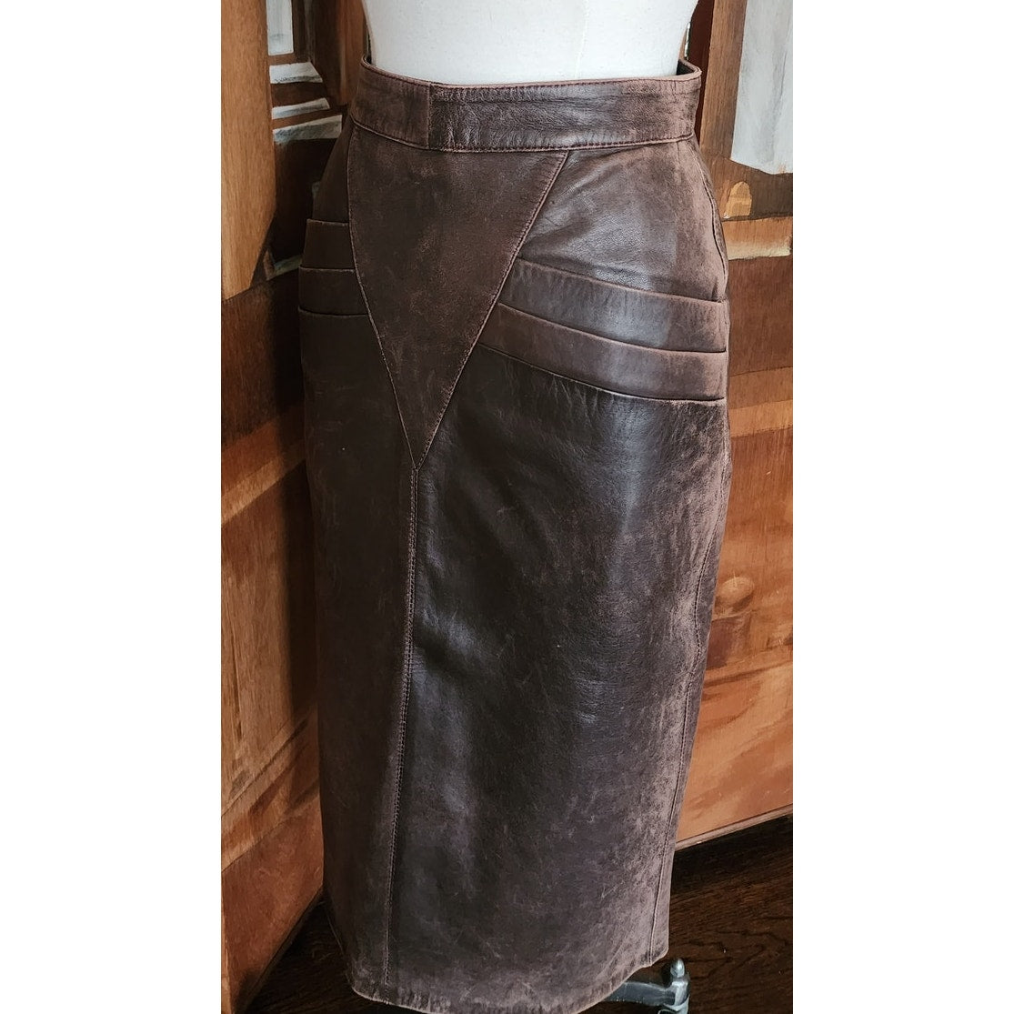 Vintage 80s Brown Leather Pencil Skirt High Waisted Geometric Accent Stitching