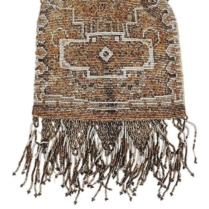 Edwardian Evening Bag Silver Gold Beading Fringe Dressy Purse