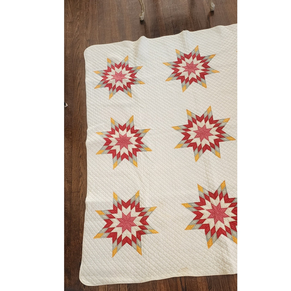 Antique American Quilt 1800s Star Of Bethlehem Cotton Turkey Red Cheddar Yellow on Ivory