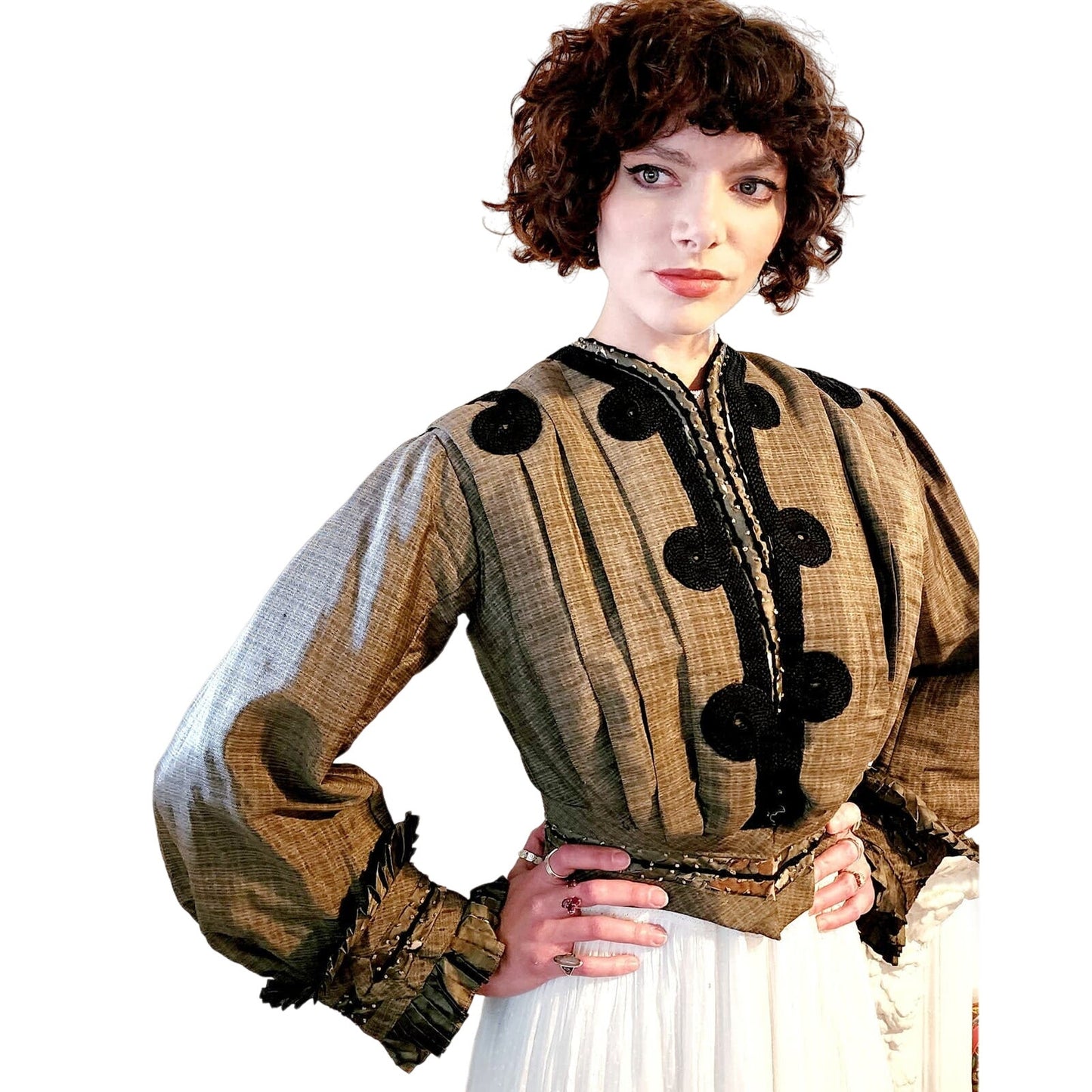 Antique Ladies Jacket Edwardian 1900s 1910s Gray Silk Black Coiled Trim