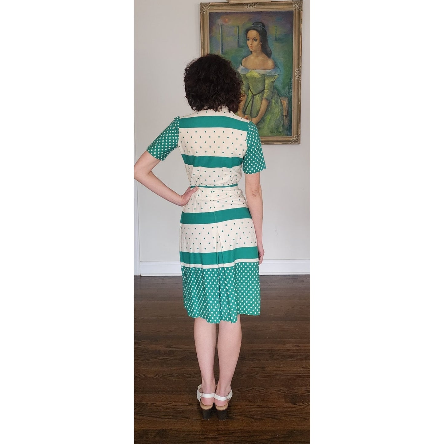 Vintage 50s Hope Reed Green Polka Dot Cotton Dress Nelly Don Short Sleeve