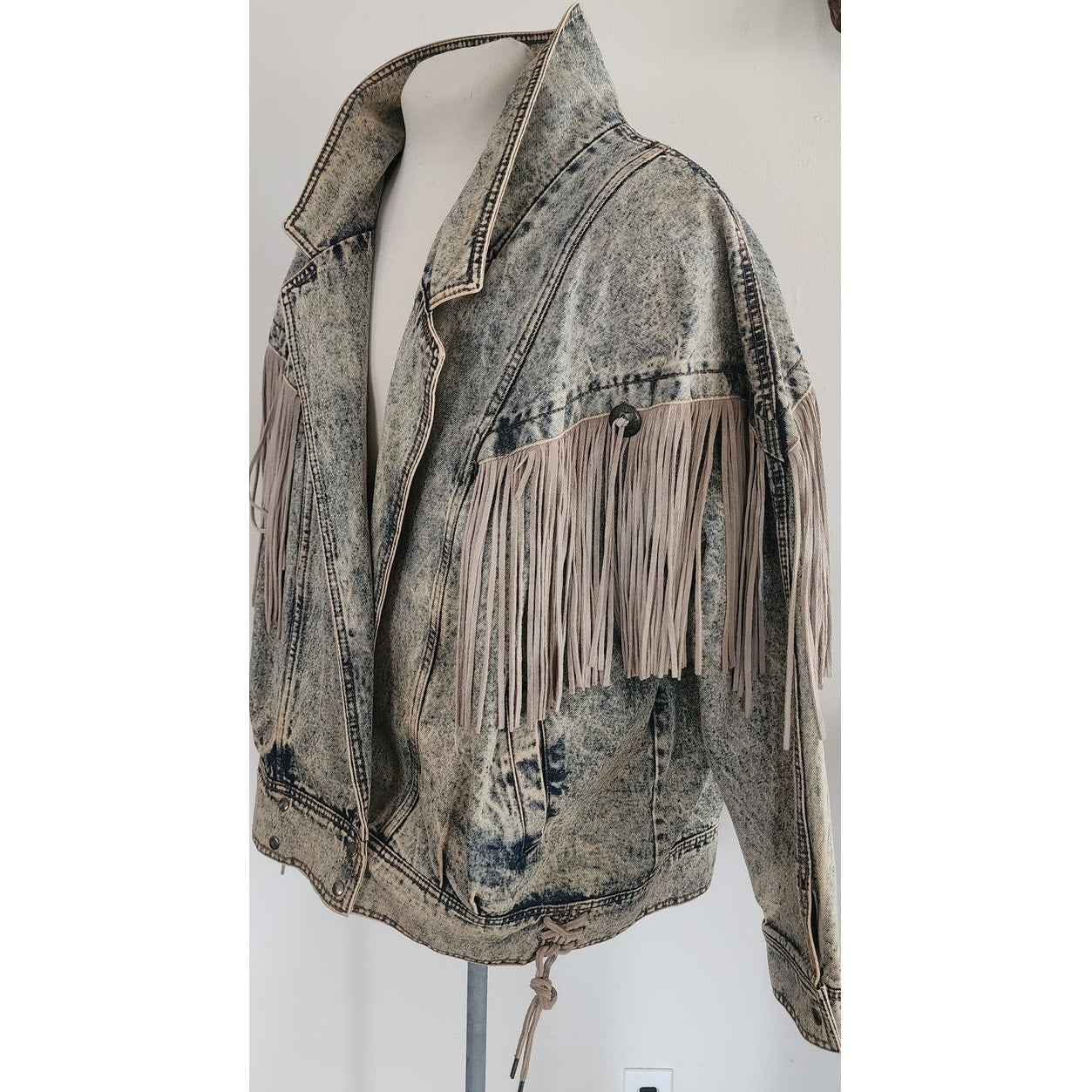 Vintage 80s Rock Creek Trading Co Acid Wash Denim Jacket PLUS SIZE Leather Fringe, Western Style