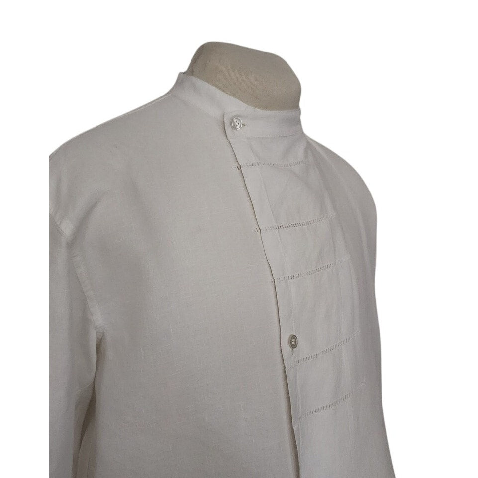 Vintage Issey Miyake Mens Shirt White Linen Button Down Asymmetrical Closure Mandarin Collar