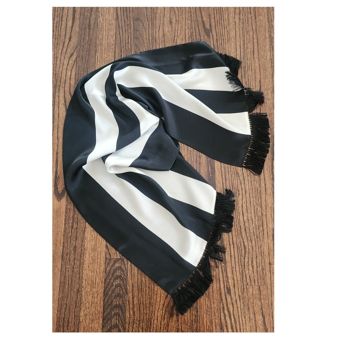 Vintage 40s Liquid Silk Scarf Black White Striped Fringed Peck & Peck Unisex Art Deco Geometric