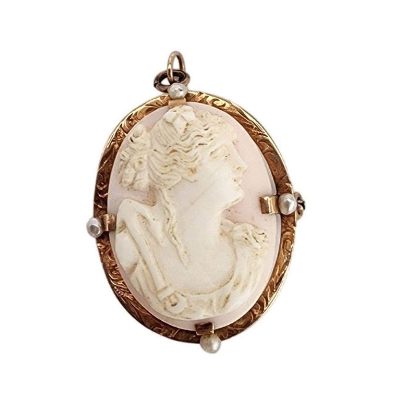 Antique 10K Gold Cameo Pendant Pin Edwardian Lady in Profile