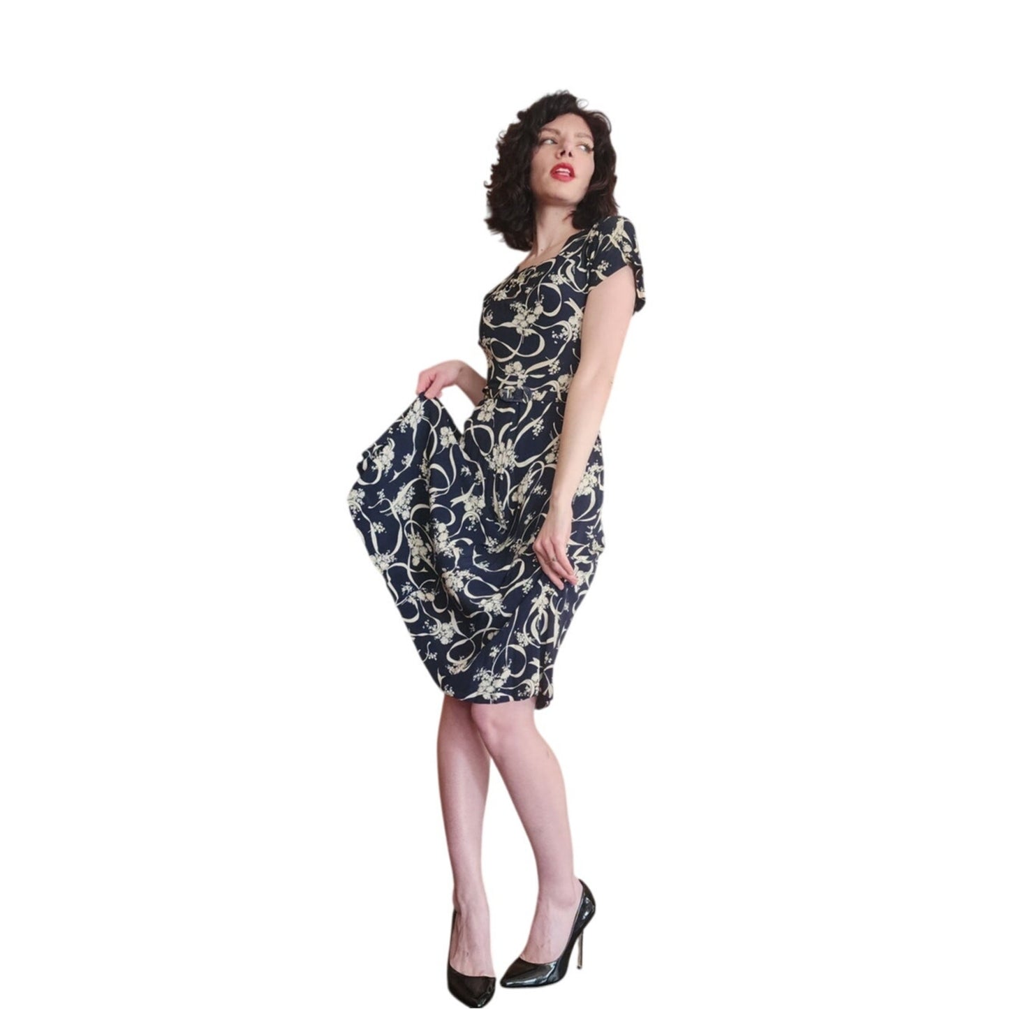 Vintage ORIGINAL 1940s Dress Leslie Fay Black Cream Floral Ribbon Rayon Midi Day