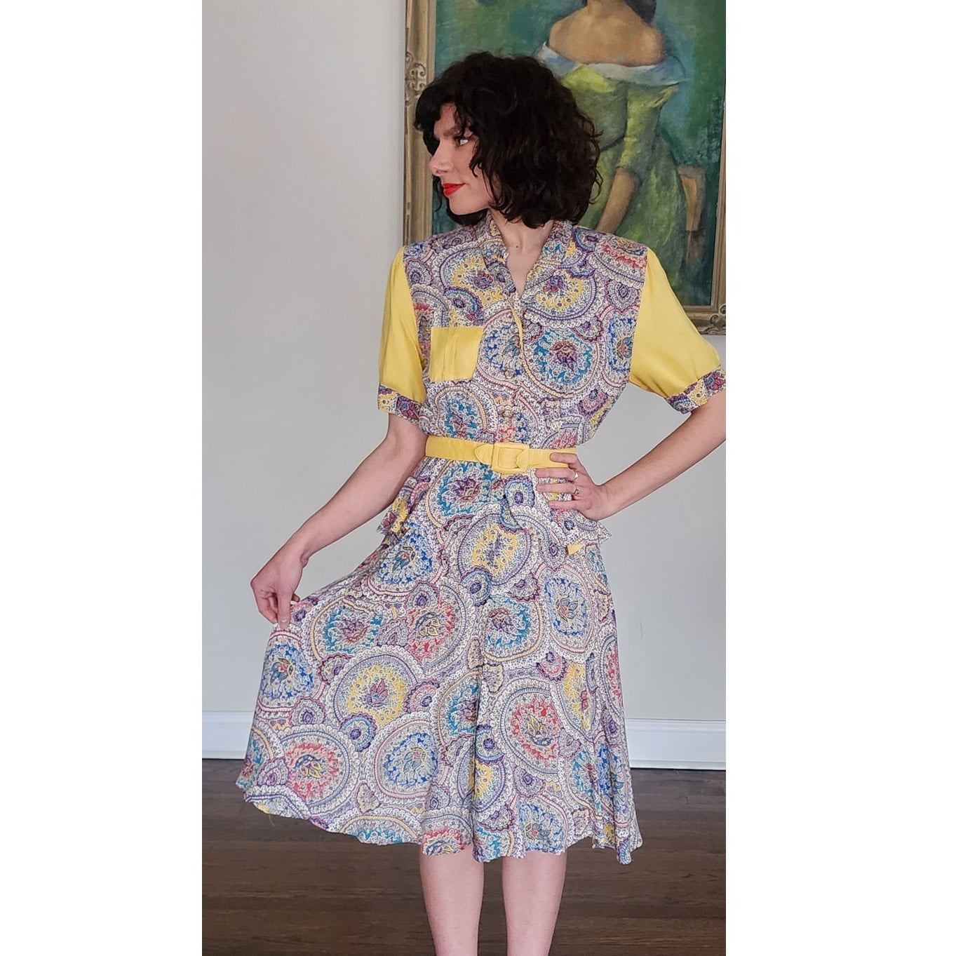 40s Saybury Paisley Rayon 2 Pc Dress &amp; Jacket Set with Yellow Sleeves &amp; Belt