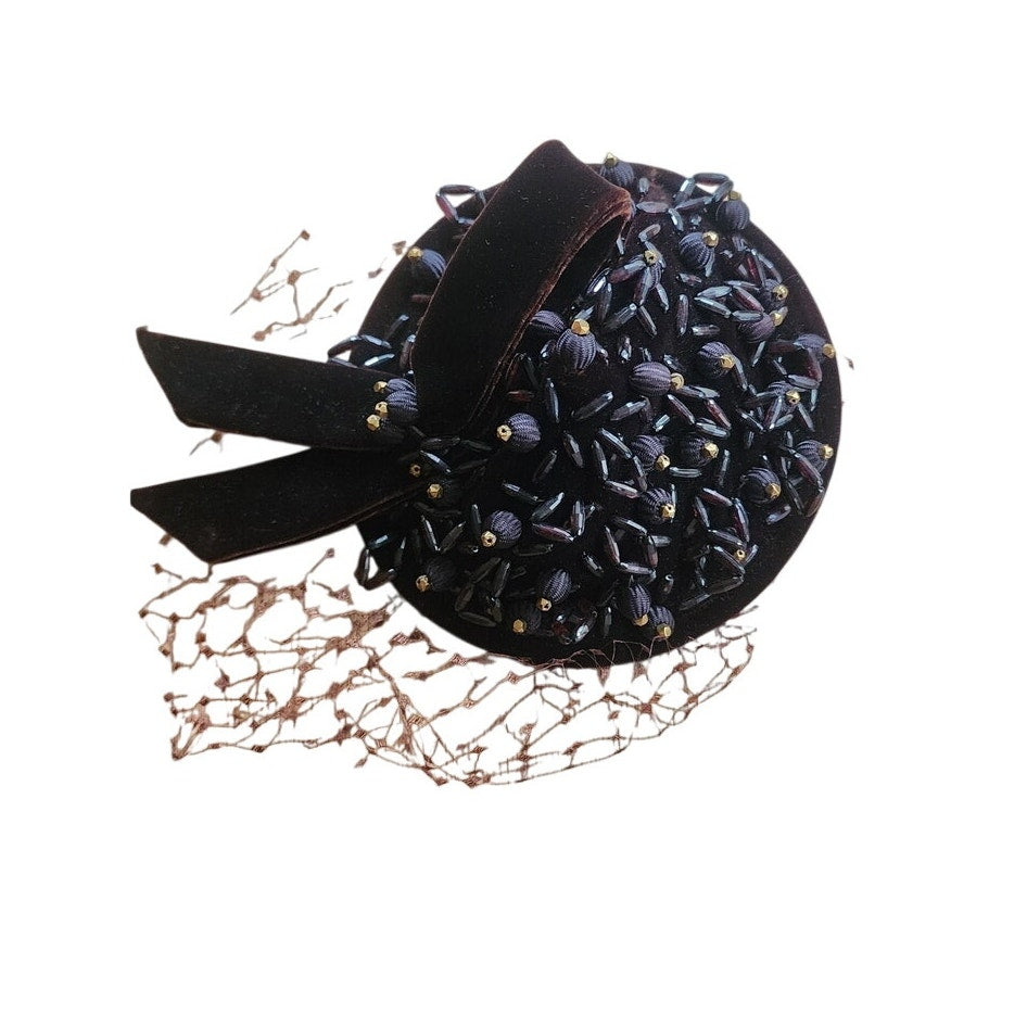 Vintage 1950s Hat Chanda Brown Beaded Velvet Asymmetrical Fascinator Bonwit Teller