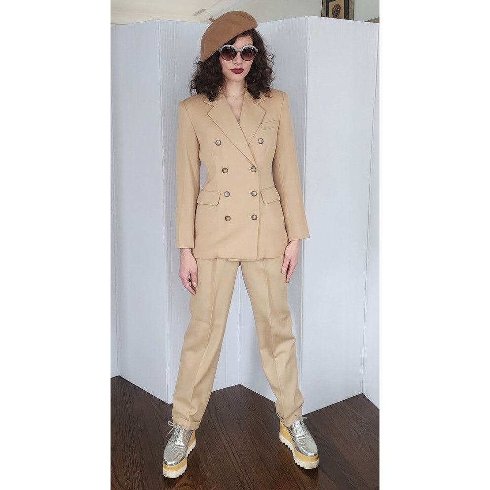 Vintage 90s Cream Wool Pant Suit Double Breasted Blazer Evan Picone