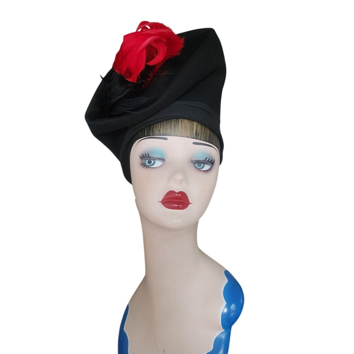 Vintage 1930s Black Tilt Hat Sculptural High Crown Feather Asymmetrical Art Deco 23"