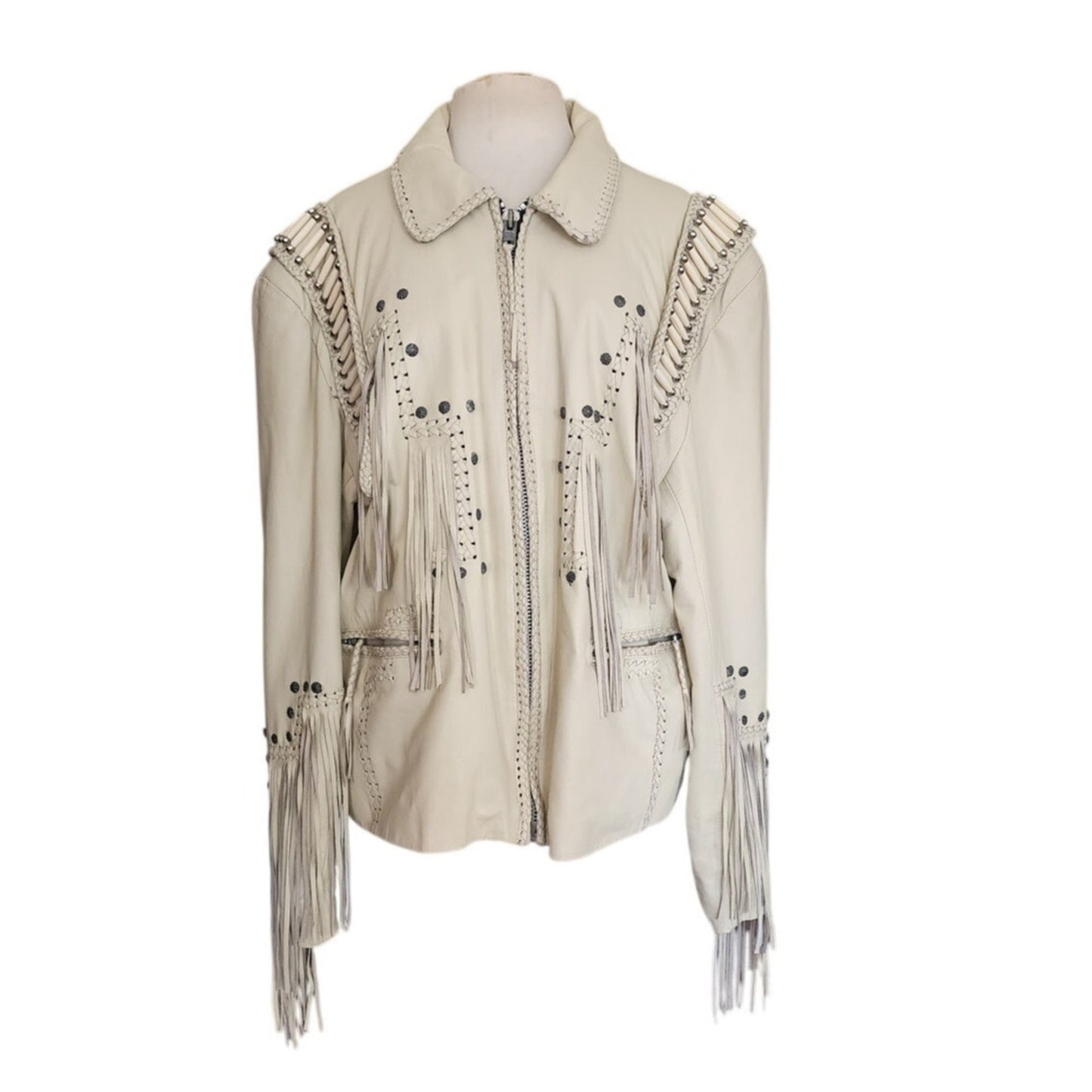 Vintage 80s White Leather Jacket SUNRIDERS Fringe, Studs & Bone Beads XXL
