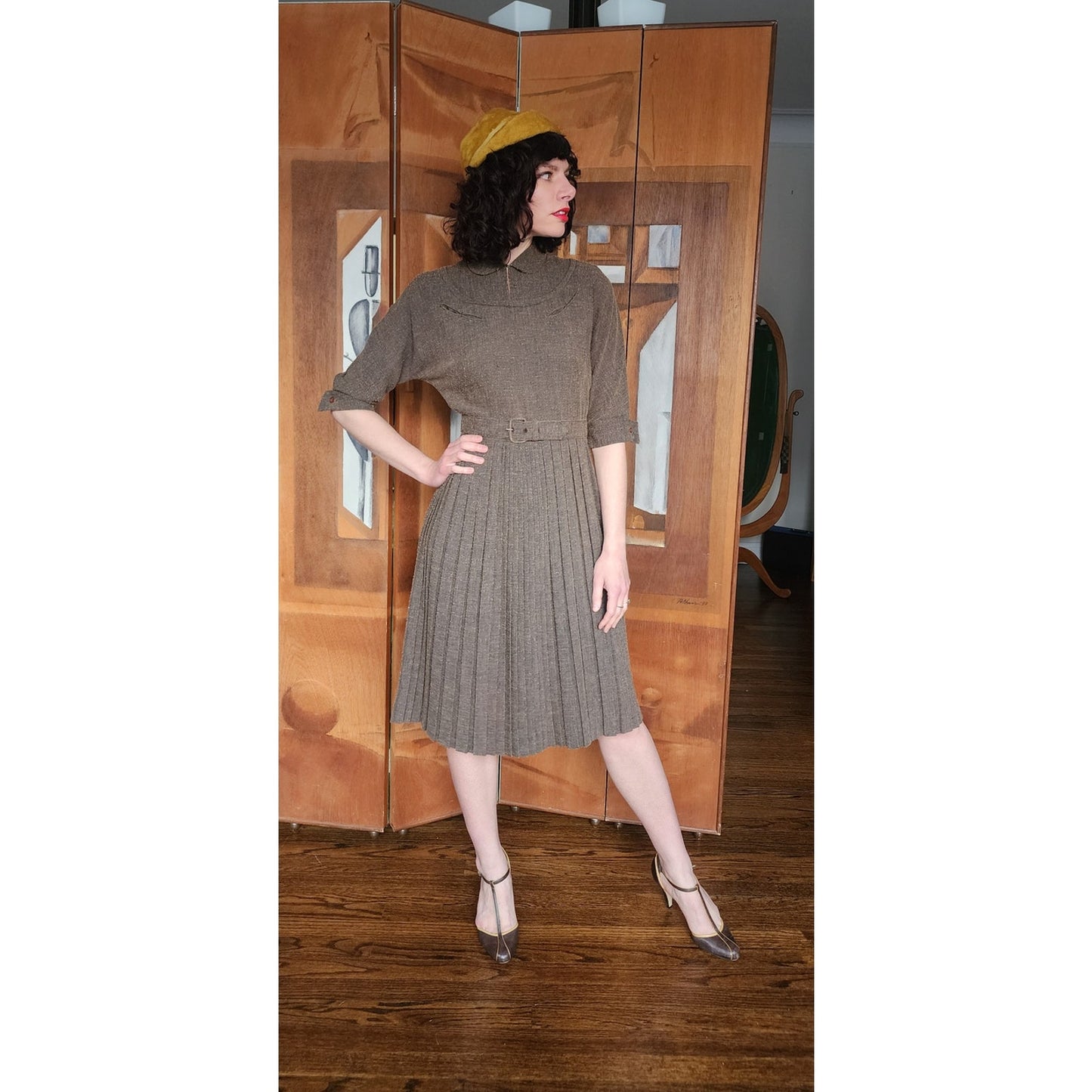 Vintage 40s Day Dress Textured Belted Brown Olive Green Kabro of Houston