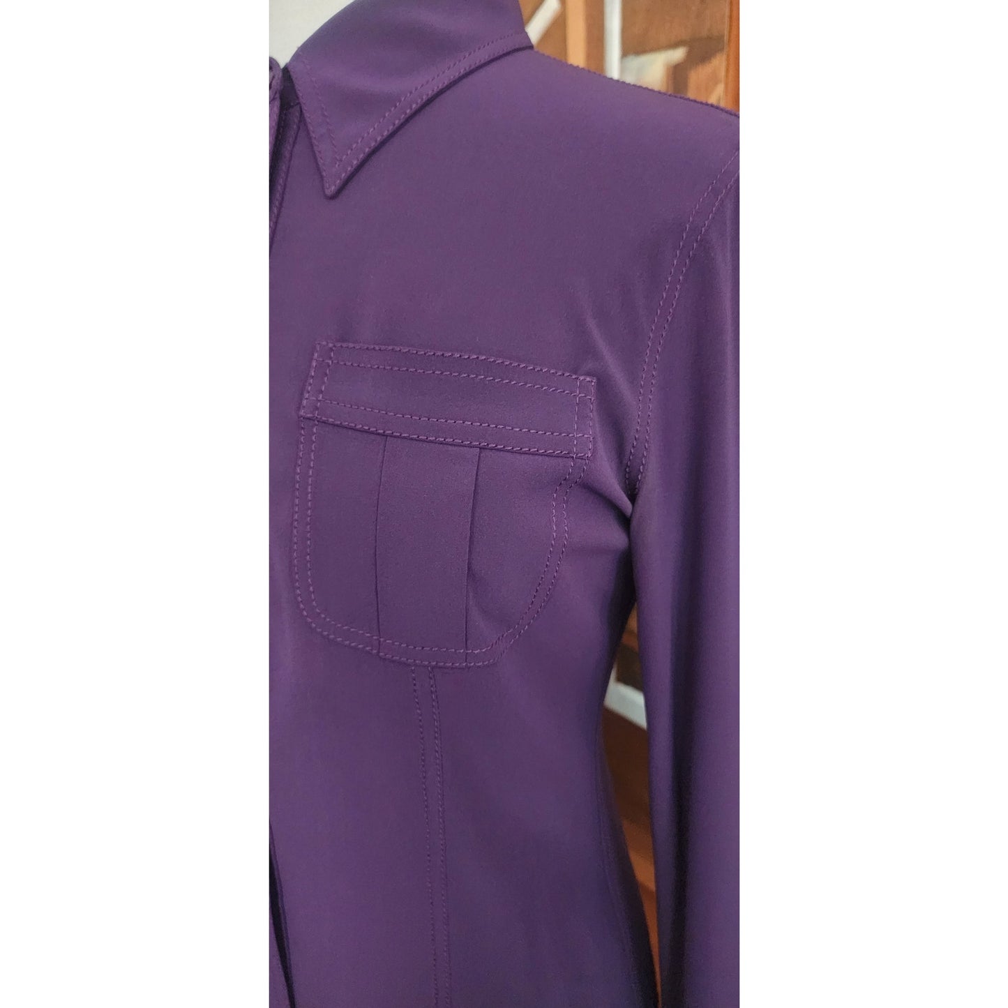 Y2K Prada Silk Blouse Purple Long Sleeve Single Pocket Button Down