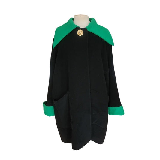 Vintage 90s GEORGES RECH Coat Black Wool Large Green Collar XL Plus Size