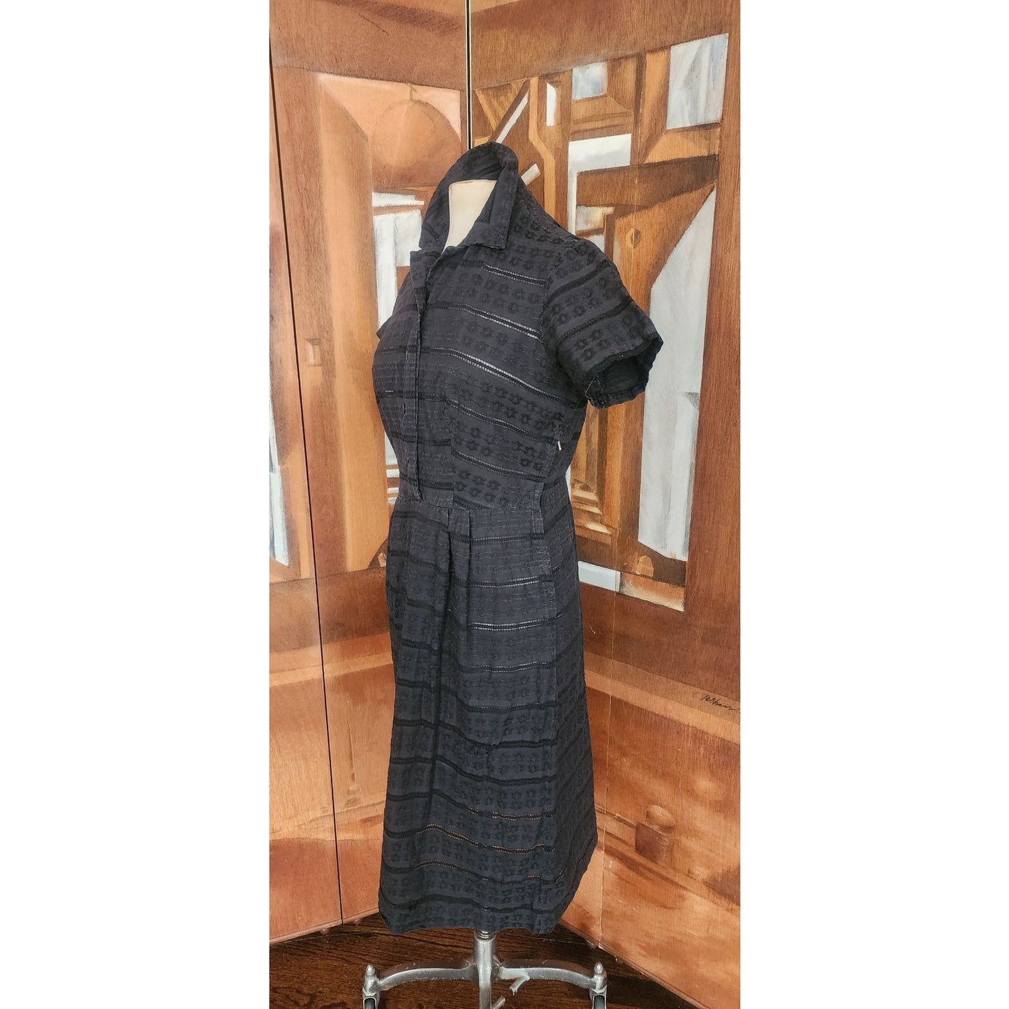 Vintage 50s Black Shirtwaist Day Dress Short Sleeve Textured Stripe Kay Whitney