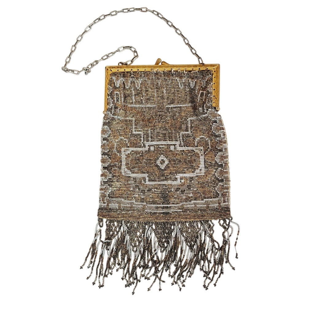 Edwardian Evening Bag Silver Gold Beading Fringe Dressy Purse