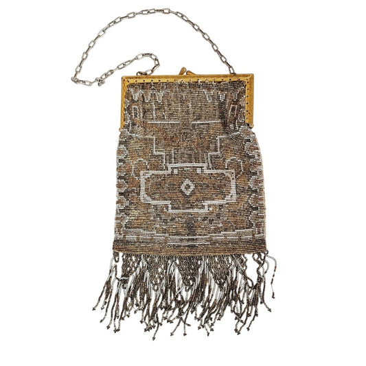 Edwardian Evening Bag Silver Gold Beading Fringe Dressy Purse