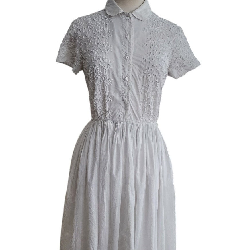 Vintage 50s Shirtdress White Embroidered Cotton Short Sleeve