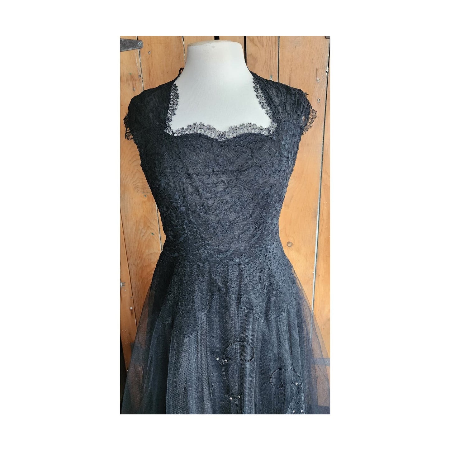 Vintage 50s Black Party Dress Tulle Lace Rhinestones M