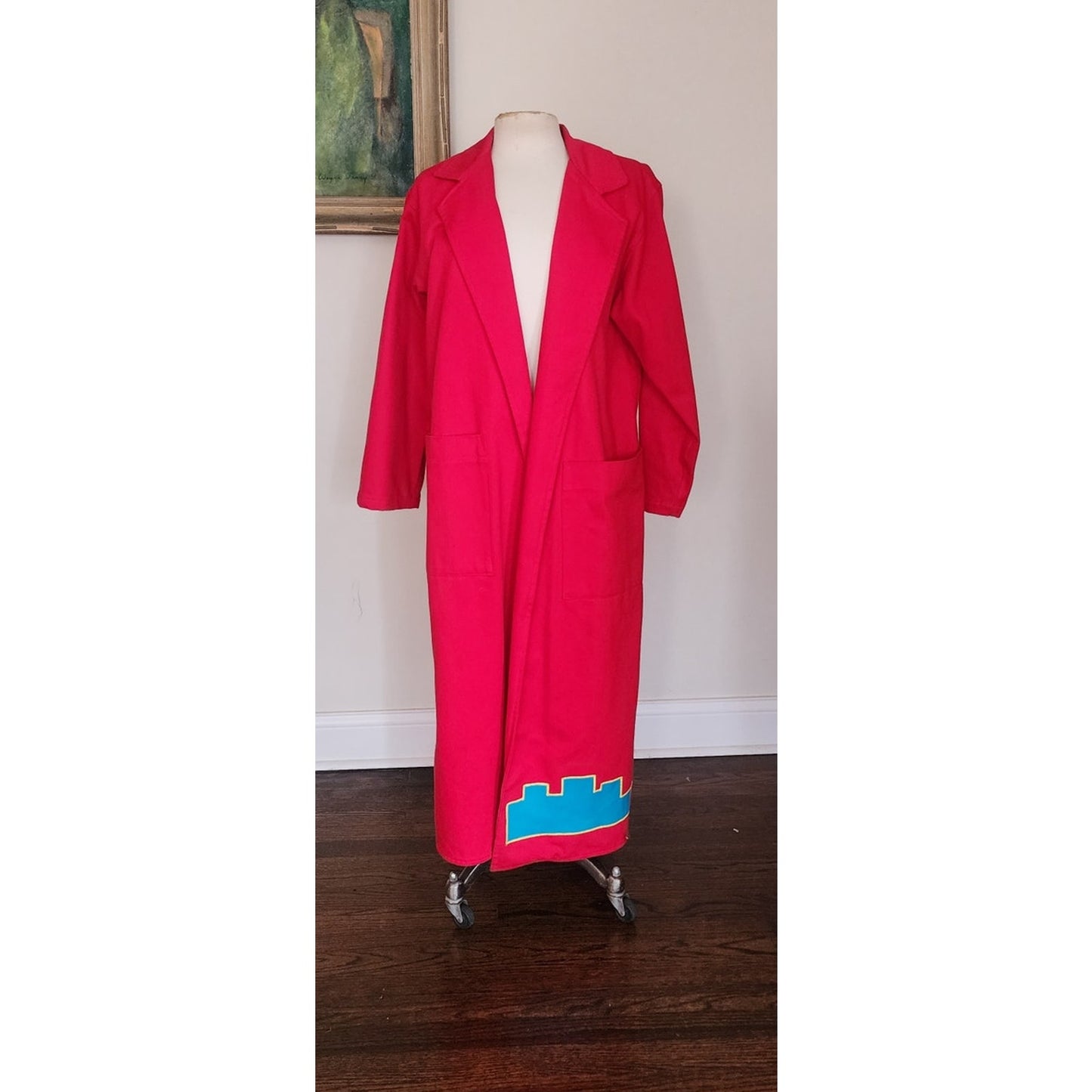 Vintage 80s Southwestern Coat Red Cotton Canvas Handpainted Indian Headdress Native American