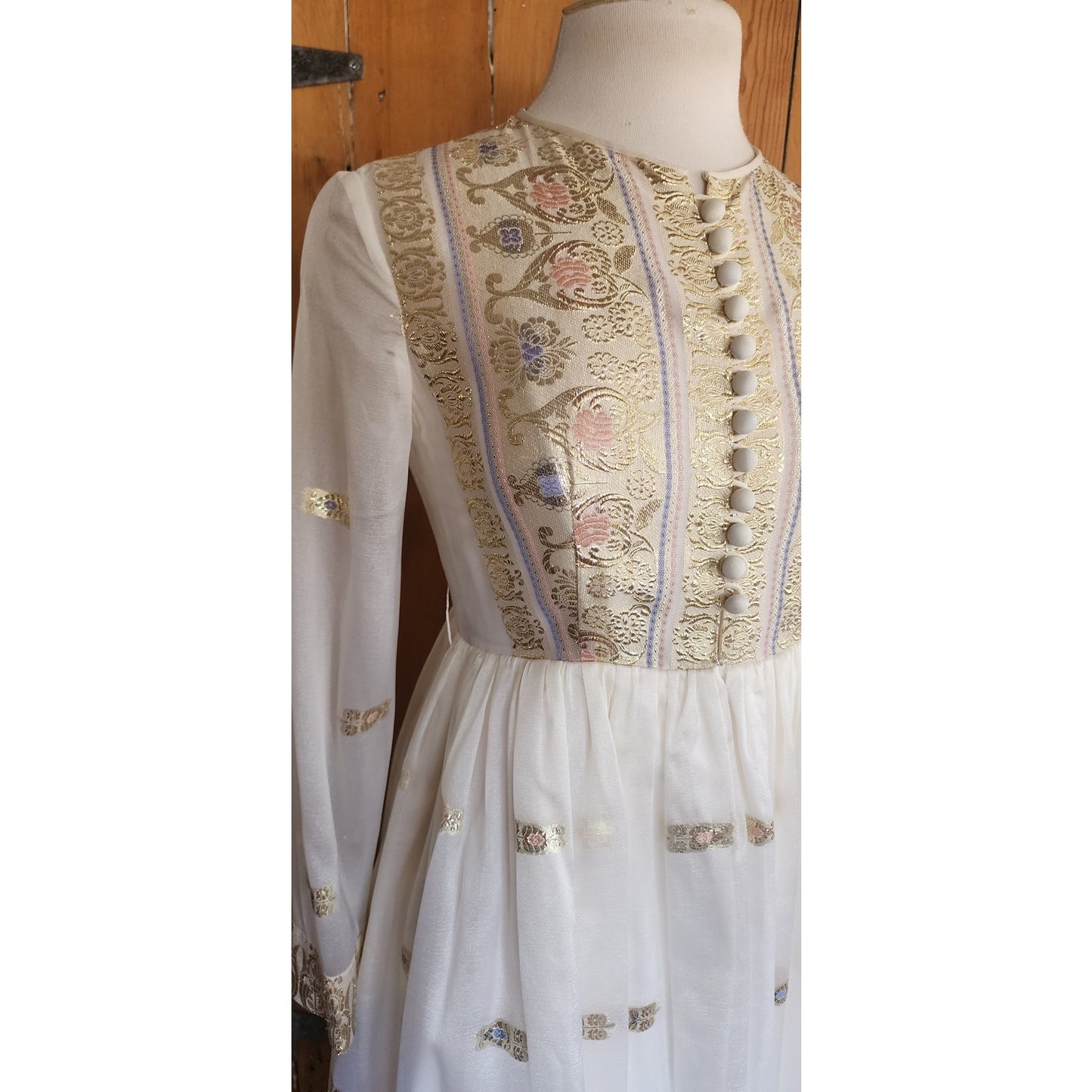 Vintage 1970s Exotic Party Dress Gold Lurex White Organza Chuck Howard