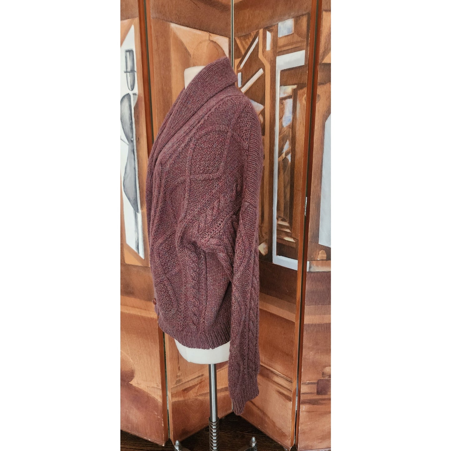 Vintage 1980s Gap Cardigan Sweater Chunky Brown Cable Knit  Shetland Wool