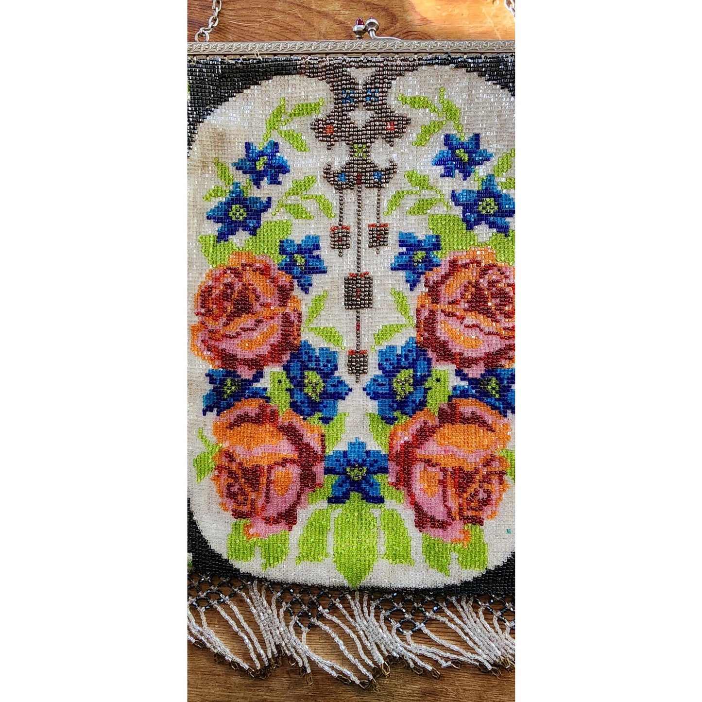 Antique Glass Bead Bag Edwardian Purse Floral Rose Pattern