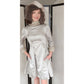 Vintage 60s Wedding Dress Silver Gray Silk w/ Fur Cuffs + Veiled Hat