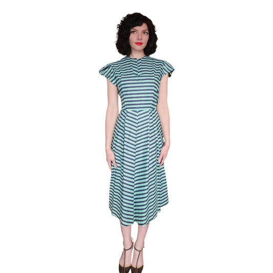 Vintage 50s Striped Fit and Flare Midi Day Dress Green Black Short Sleeves