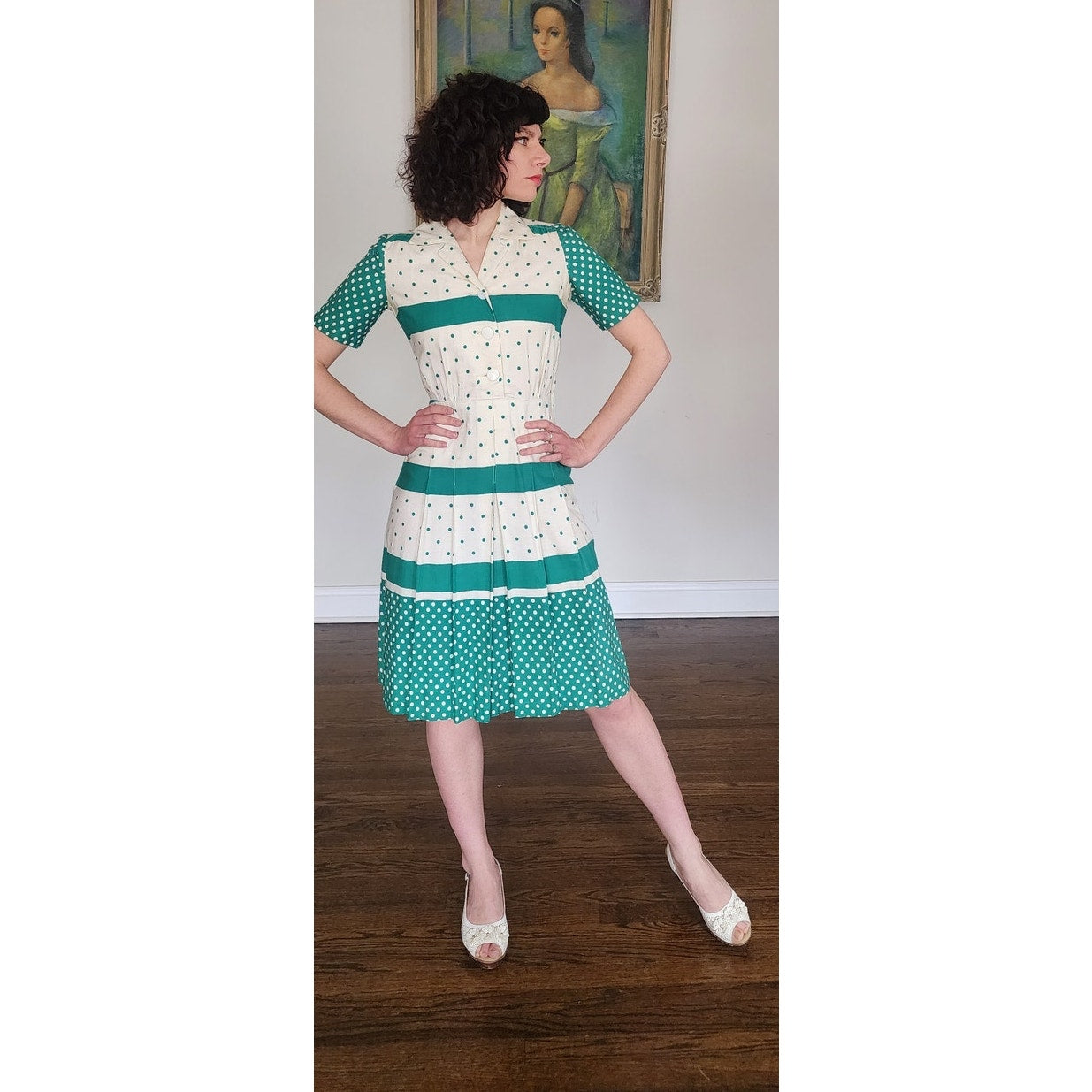 Vintage 50s Hope Reed Green Polka Dot Cotton Dress Nelly Don Short Sleeve