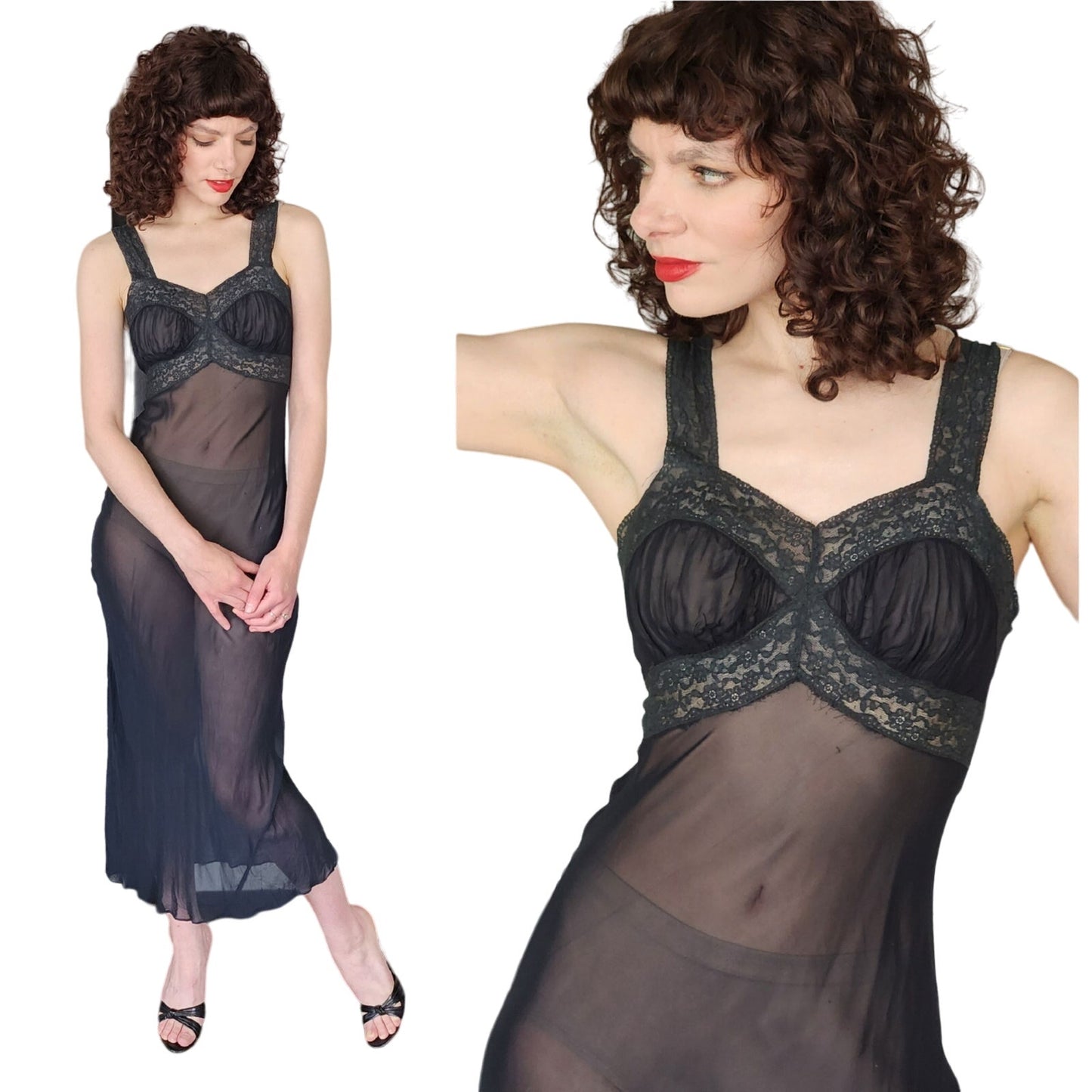 Vintage 30s Black Slip Dress Nightgown Negligee Best & Co