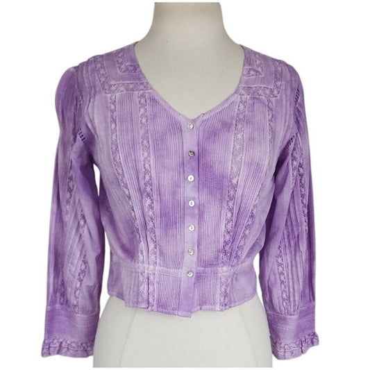 LoveShackFancy Aubrielle Top Purple Tie-Dye Blouse Cotton Lace / S