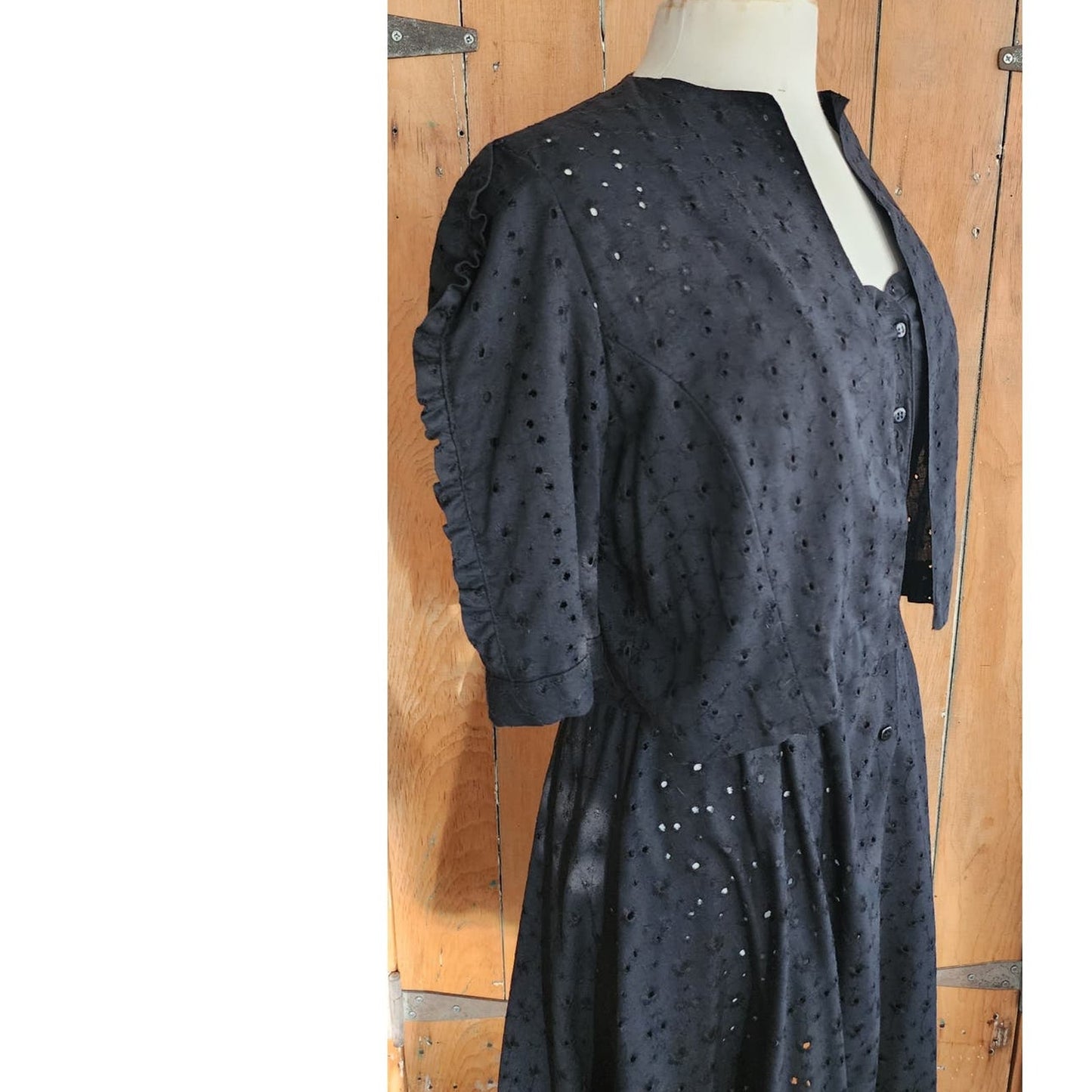 Vintage 70s Black Eyelet Lace Dress + Bolero Jacket Set