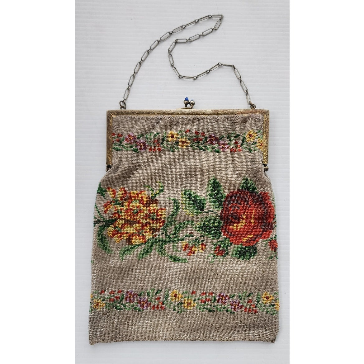 Antique 20s Beaded Bag Floral Pattern Art Nouveau