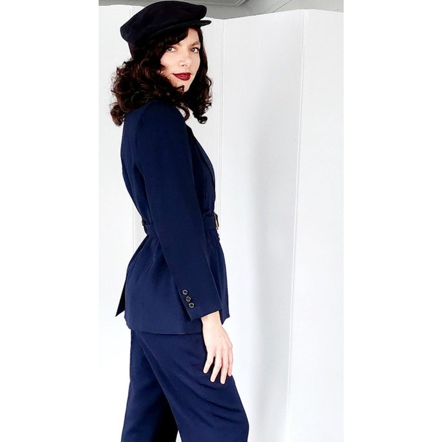Vintage 1990s Navy Blue Pant Suit w/Belted Blazer Kasper /S
