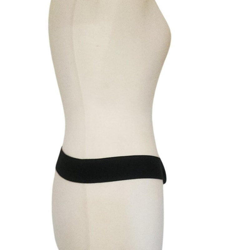 Leather Shop Belt Black Leather Studded Asymmetric Front Elastic Waist Gold Tone