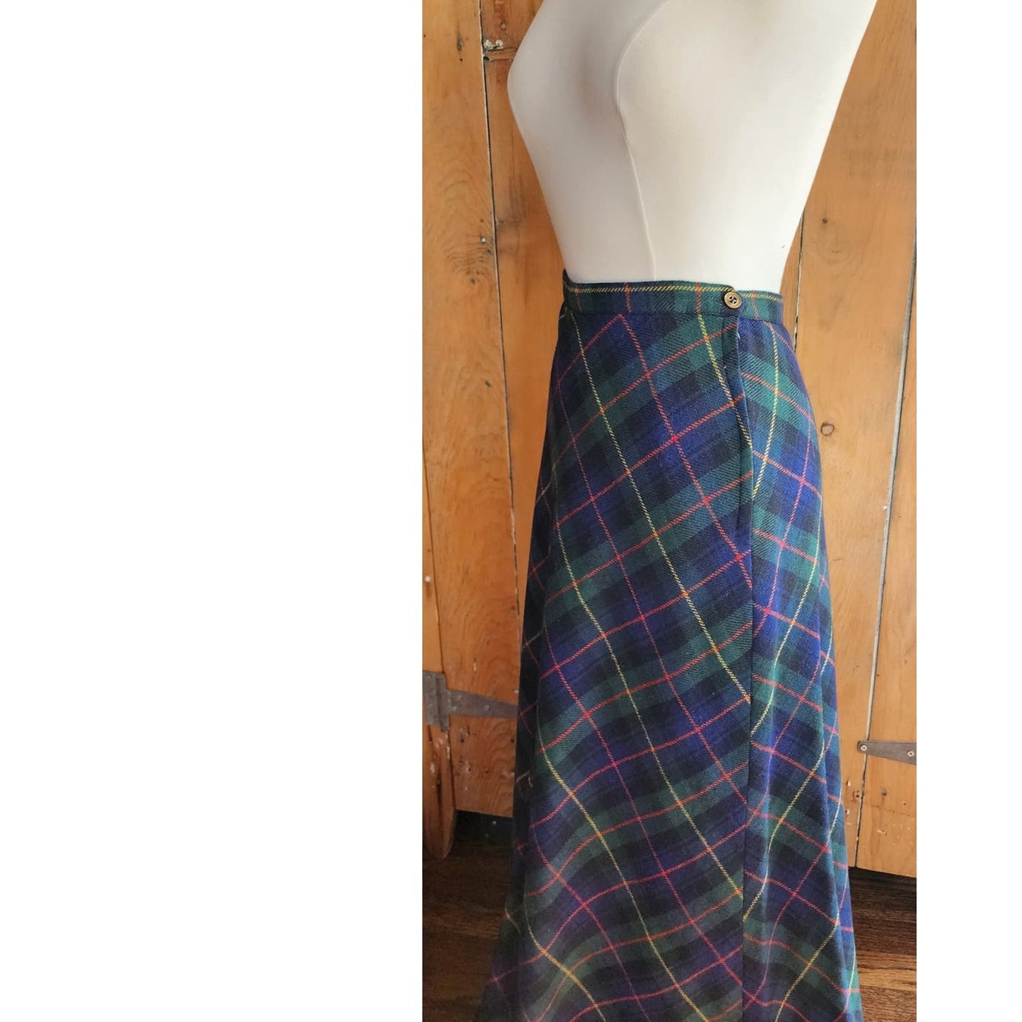 Vintage 70s Long Skirt Green Wool Plaid Prestige of Boston