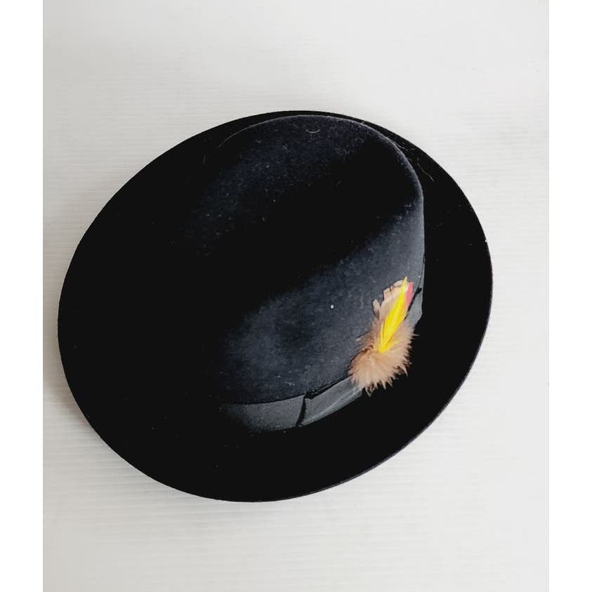Vintage 60s Mens Fedora Stetson Hat Black Wool Orange Feather 7 3/8