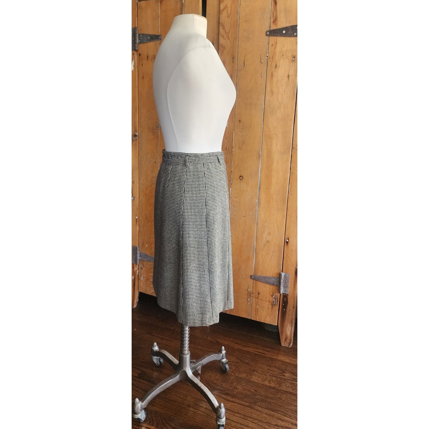 Vintage Dries Van Noten Skirt Gray Houndstooth Wool A Line Knee Length Belt Sash / Medium